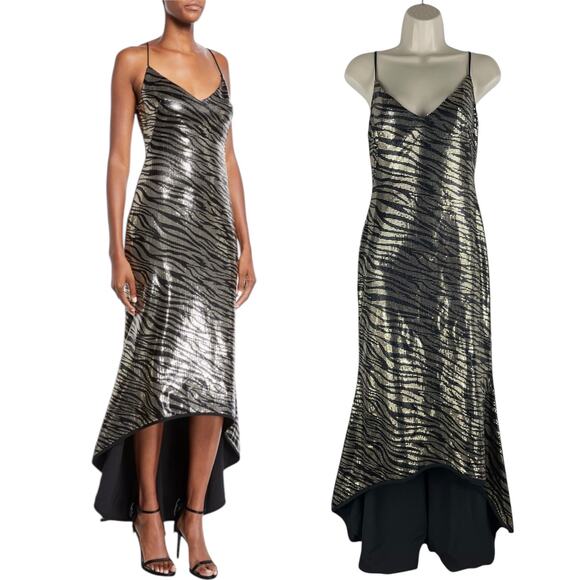 Black Halo Armelle Sequin High Lo Evening Gown Dress Golden Tiger - Picture 2 of 13